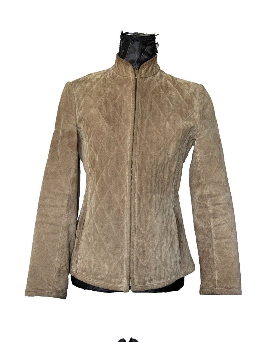 Ann Taylor Petites Tan Quilted Genuine Suede Leather Zip Jacket SP